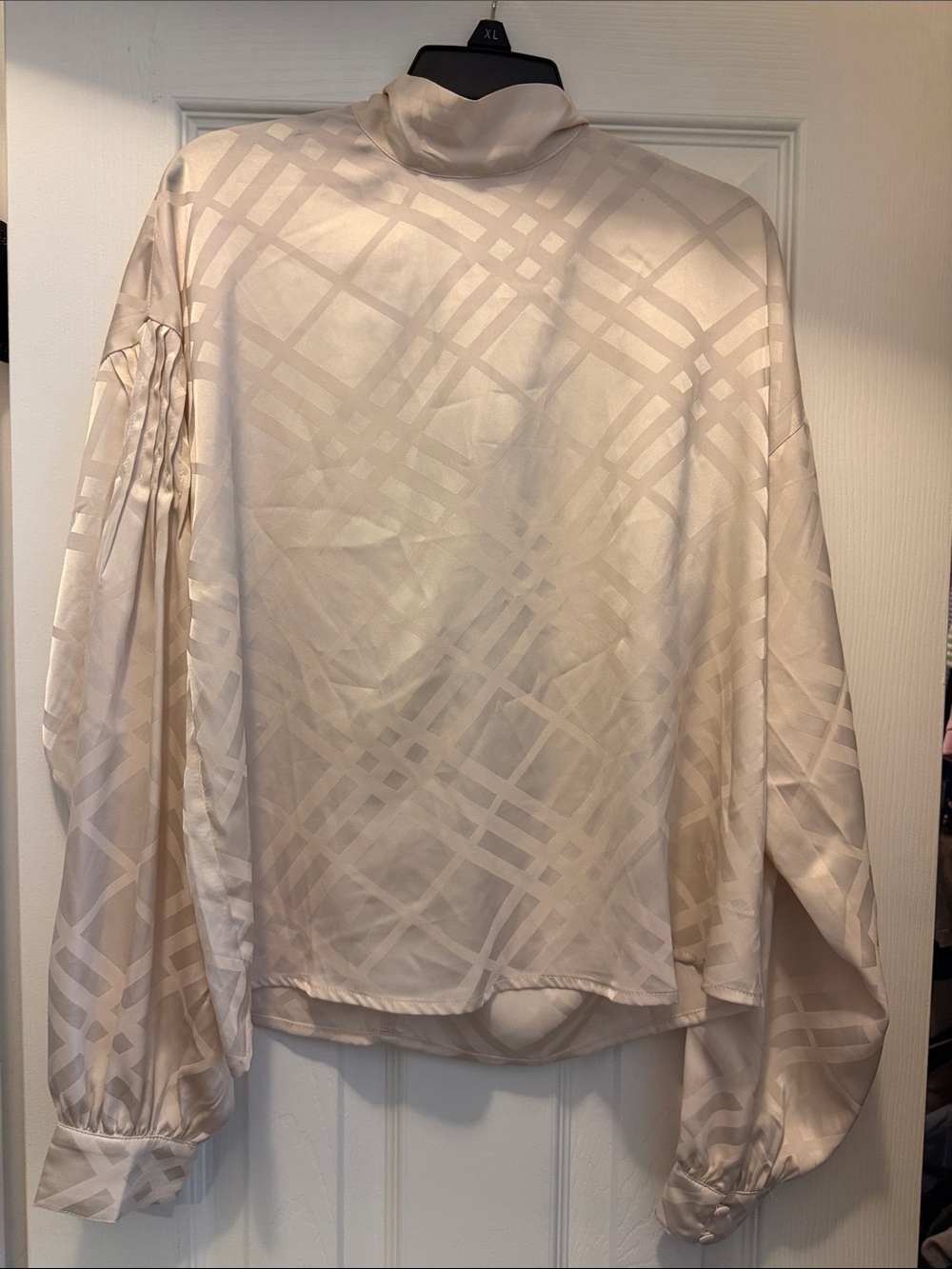 Pinch Cream Satin Mock-Neck Blouse with Subtle Plaid Jacquard
